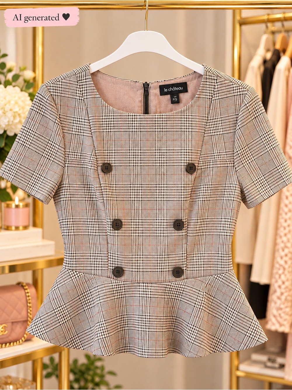 Le Château Plaid Double-Breasted Peplum Top Size PS